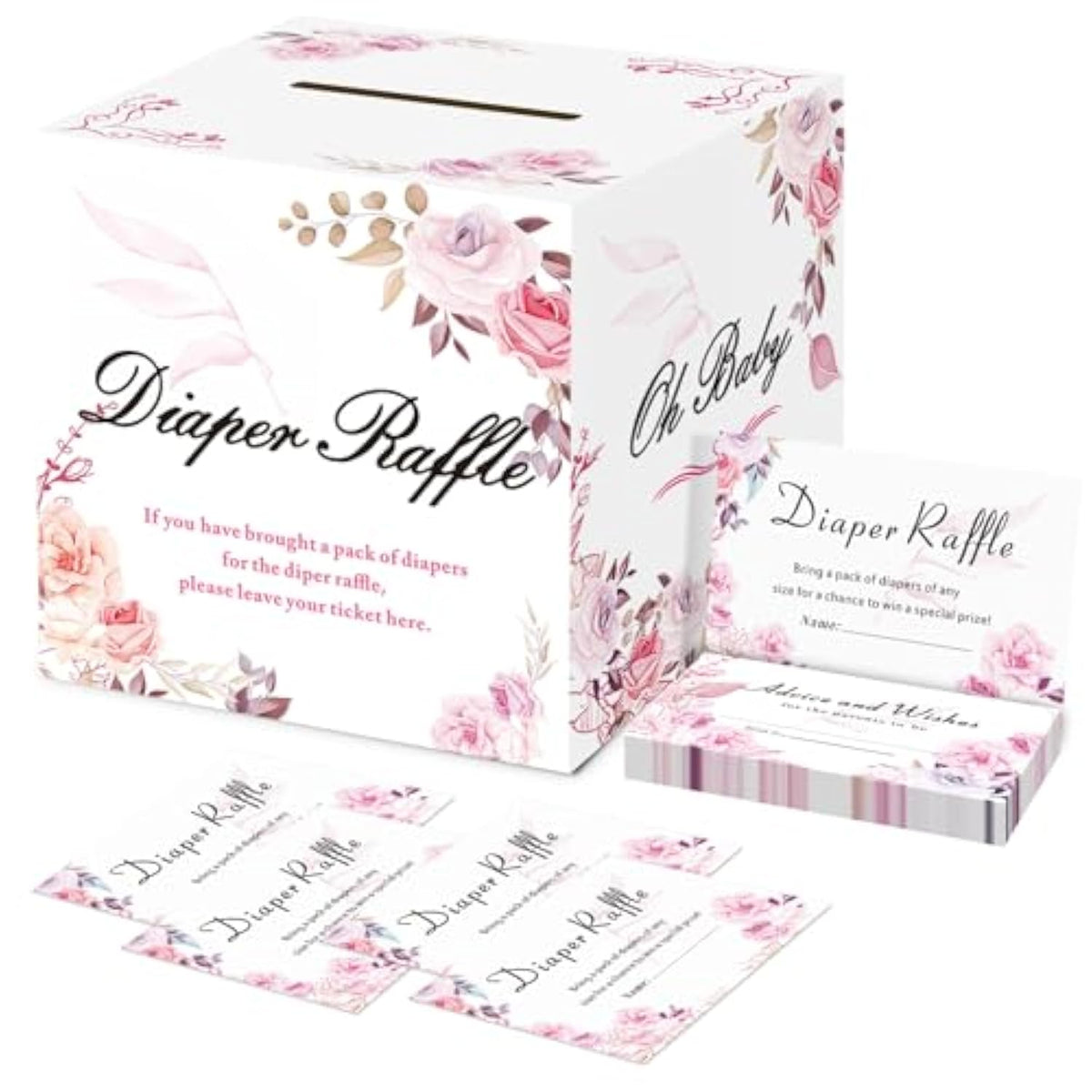 Baby Shower Games - Diaper Raffle Box With 50 Tickets, Sign, Prizes And Decorations - Thick Paperboard