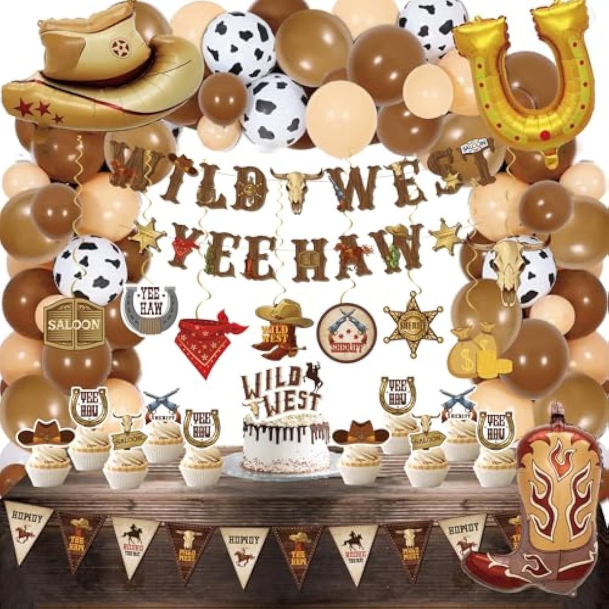 120-Pcs Western Cowboy Party Decor Banners, Swirls & Balloons