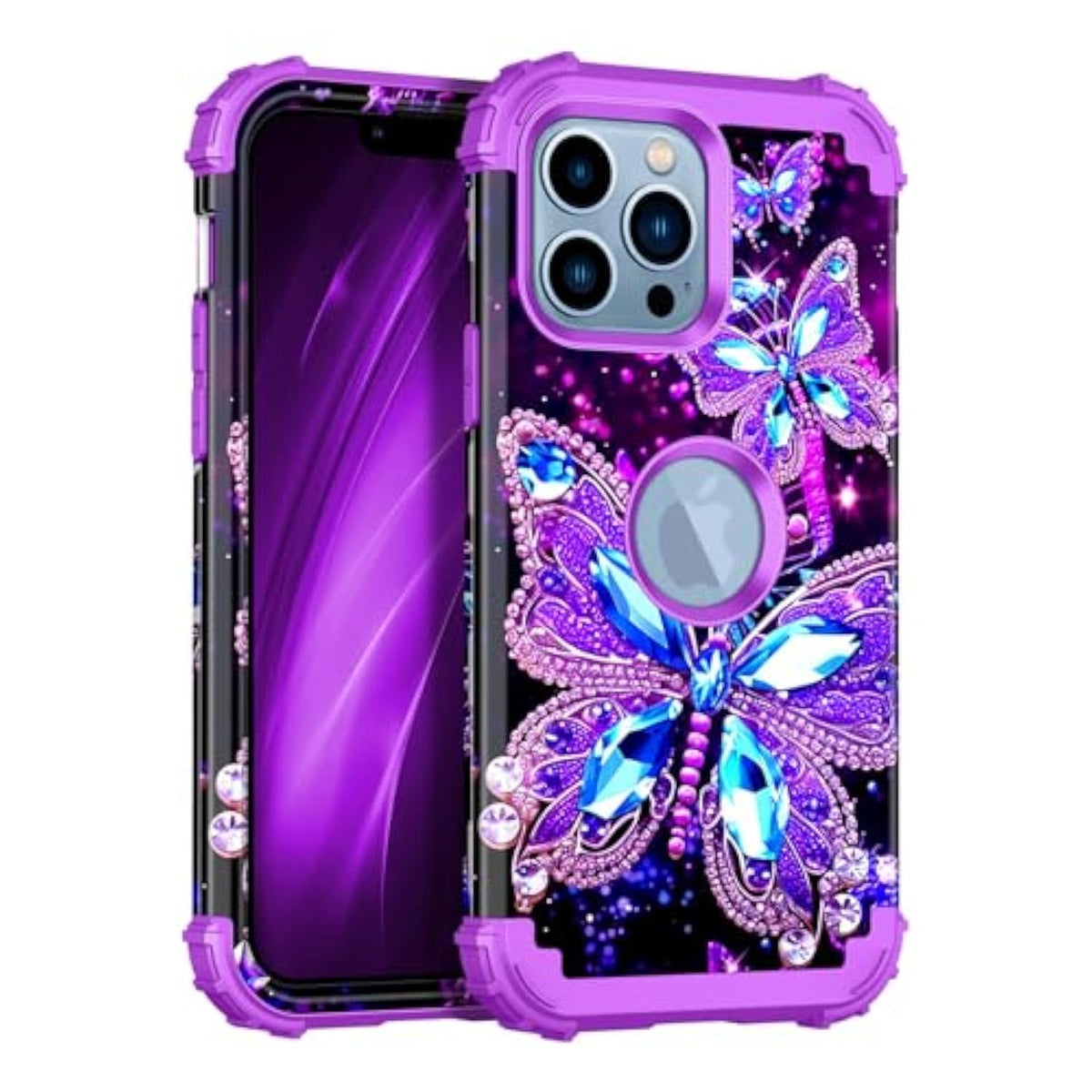 For Iphone 13 Pro Max Case,Glow In The Dark Three Layer Heavy Duty Shockproof Full Body Protection Hard Plastic Bumper+Soft Silicone Case For Apple Iphone 13 Pro Max 6.7 Inch,Dark Butterfly