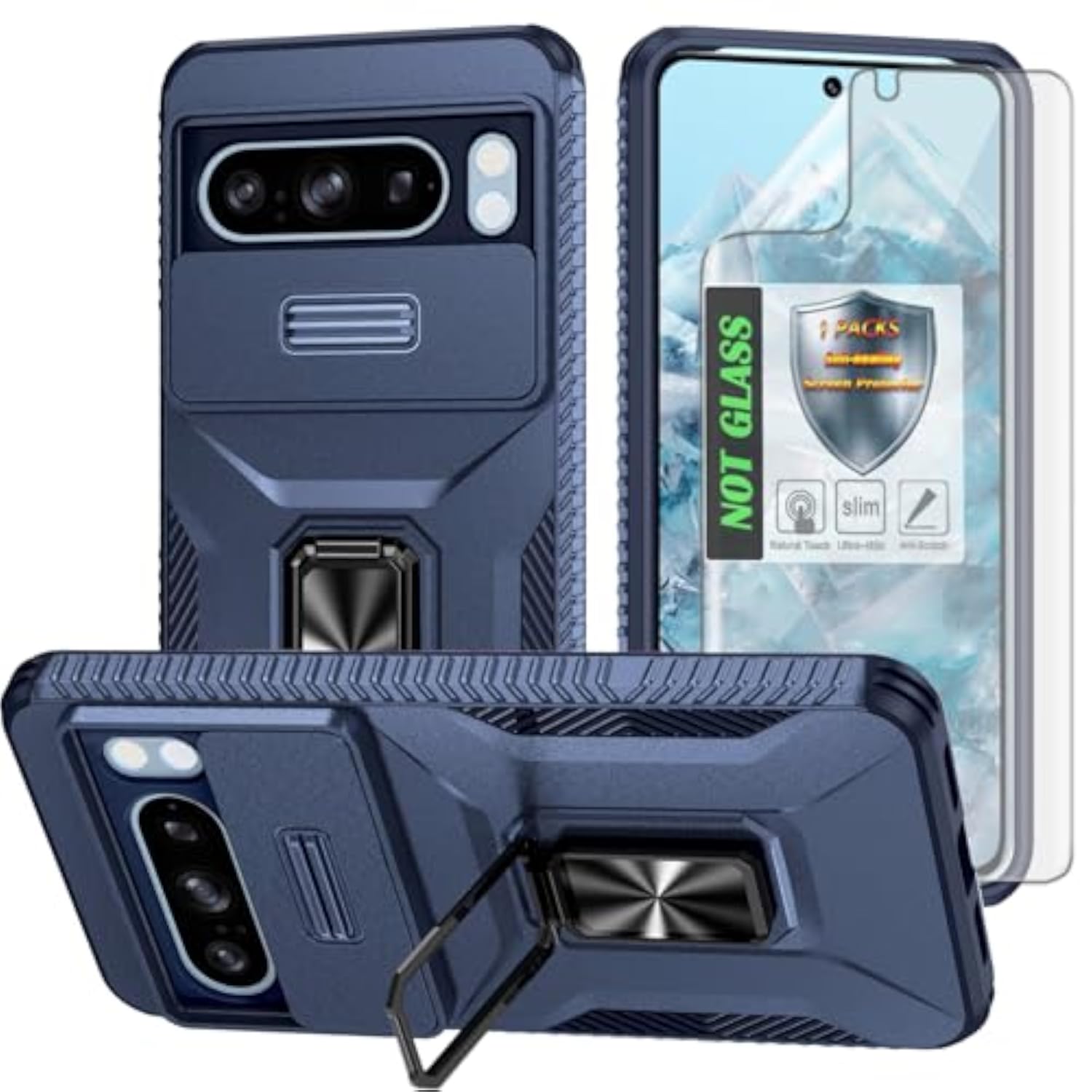 Military-Grade Shockproof Protective Case for Google Pixel 8 Pro with Sliding Camera Lens Cover, HD Screen Protector, and 360° Rotating Ring Kickstand, Blue