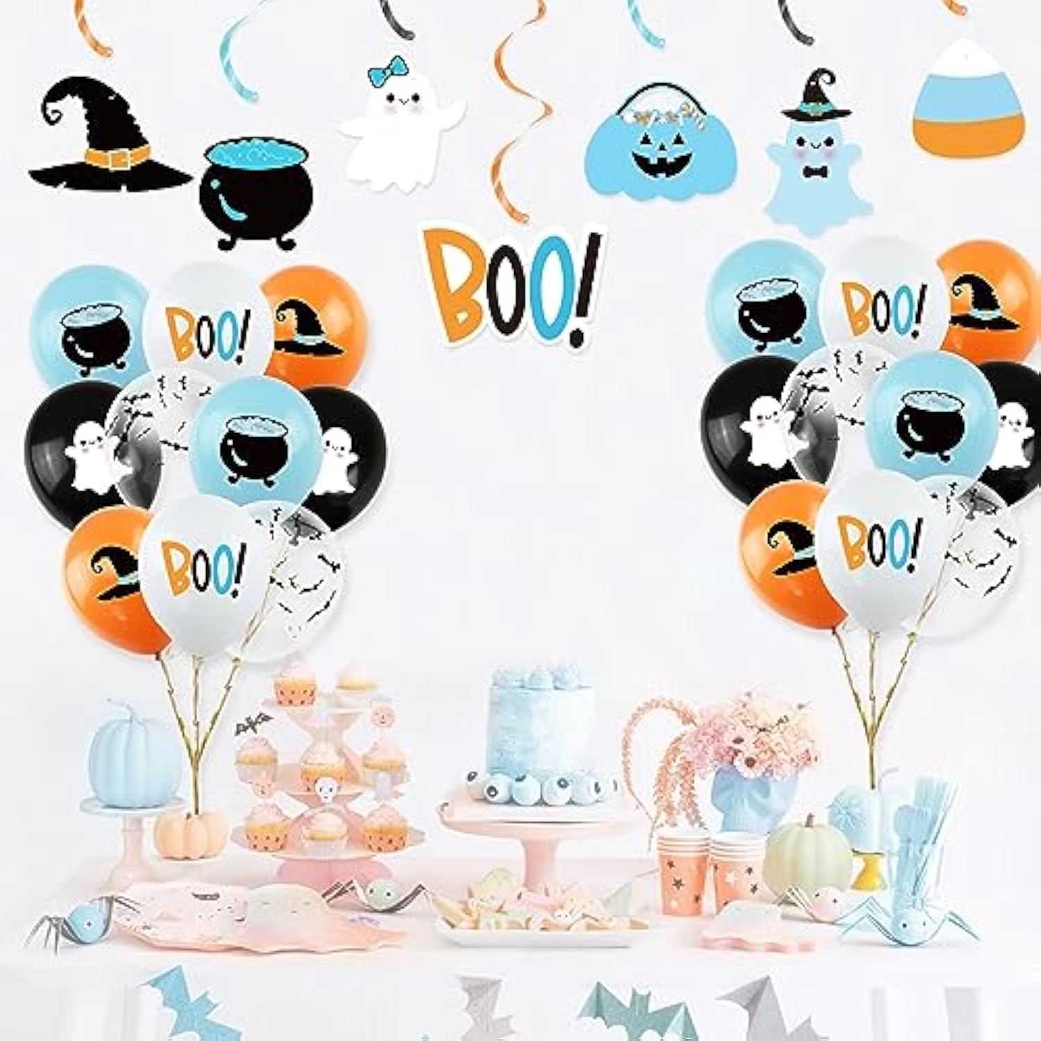 50Pcs Blue Halloween Balloon Decor Boy Halloween Blue Orange Black White Latex Balloon With Cute Ghost Wizard Hat Bat Printed For Halloween Baby Shower Happy Boo Day Spooky One Birthday Party Supplies