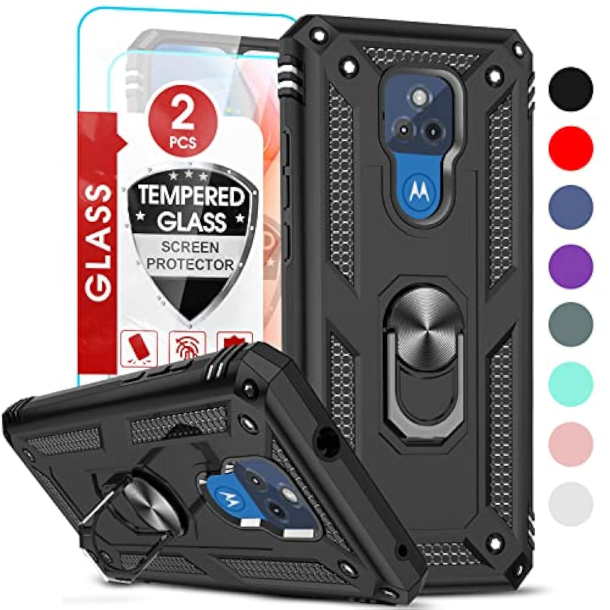 For Moto G Play 2021 Case, Moto G Play Case With [2 Pack] Tempered Glass Screen Protector, [Military-Grade] Protective Phone Cover With Kickstand For Motorola G Play, Black