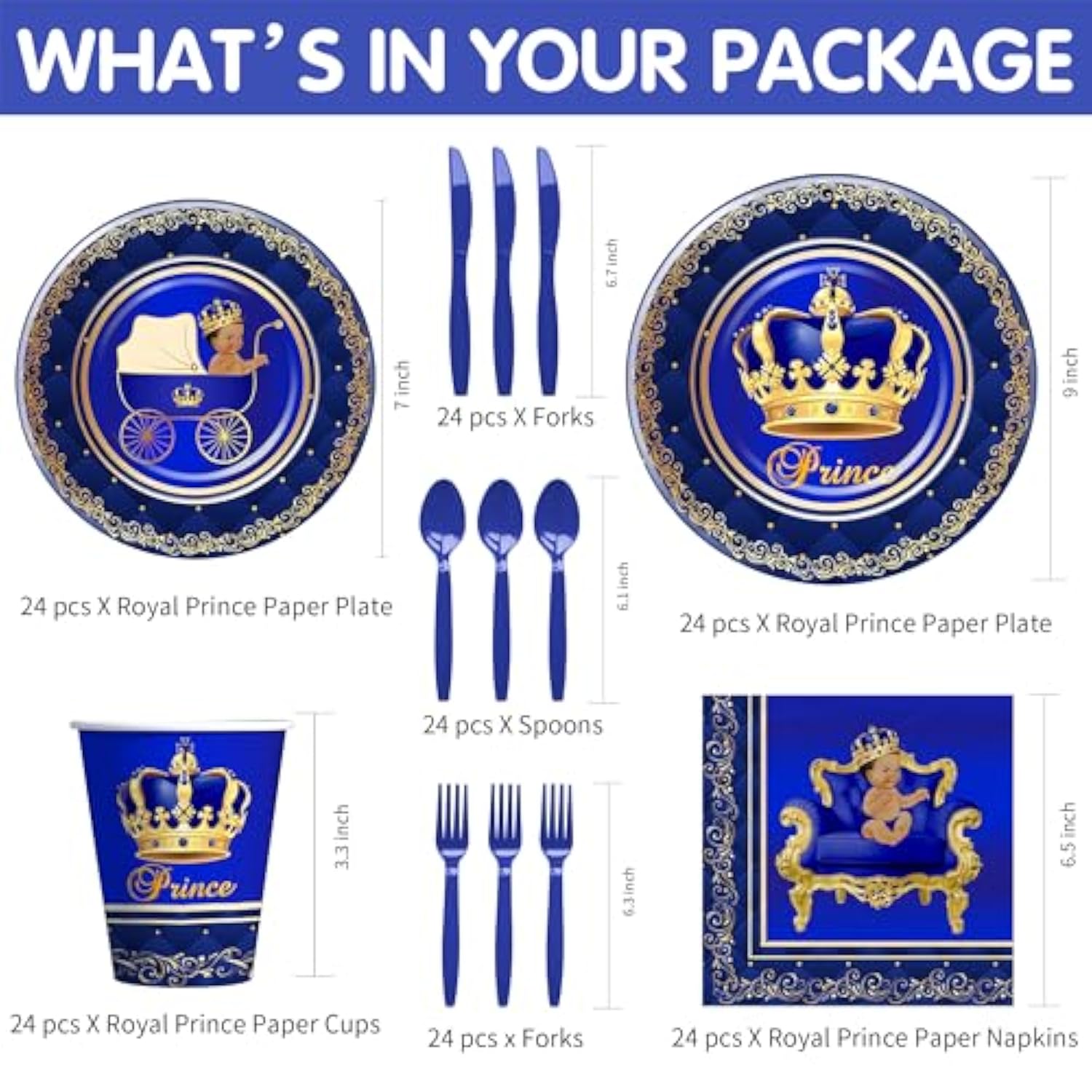 Royal Prince Baby Shower Decorations Party Tableware Boys - Blue Gold Little Prince Baby Boy Decorations Supplies, Plate, Napkin, Cup, Cutlery, Prince Baby Boy Table Decorations | Serve 24