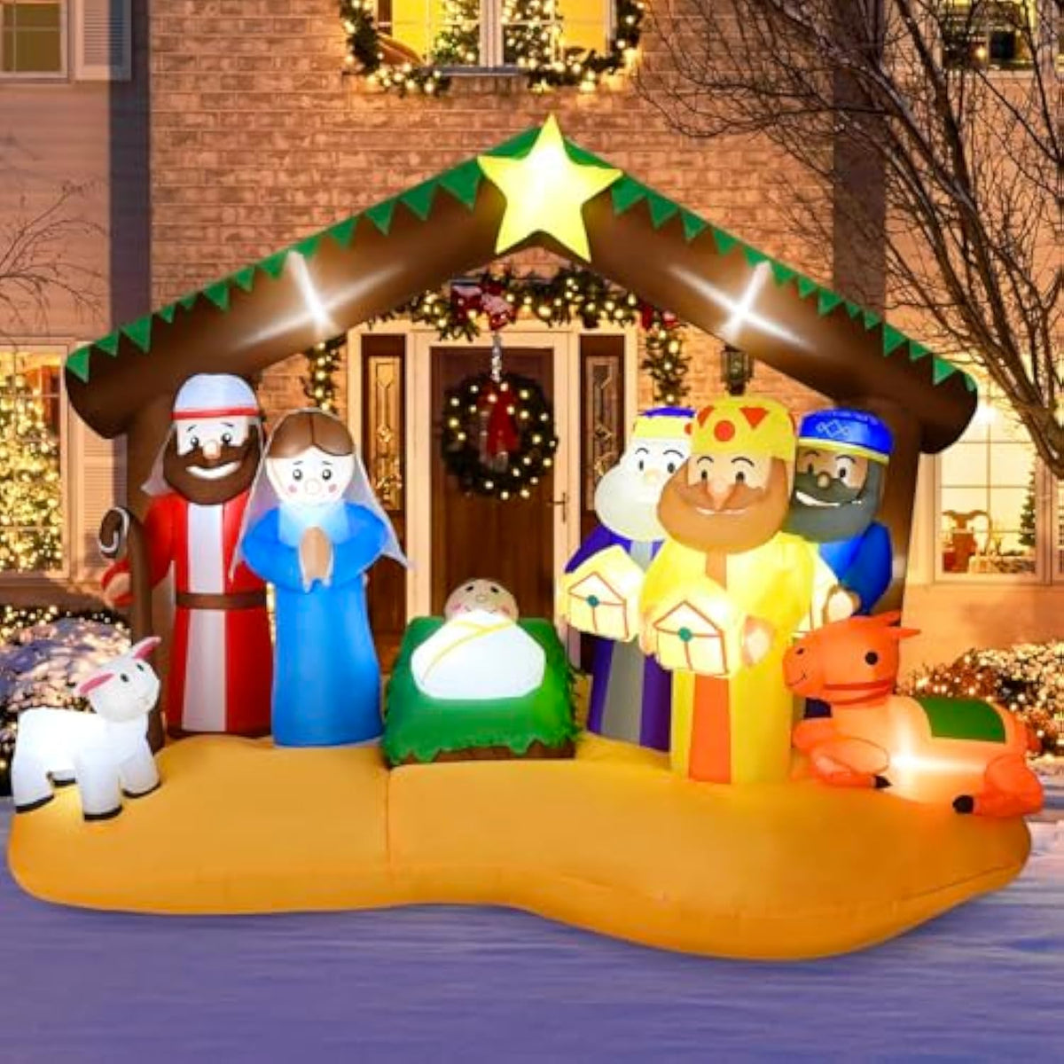 8Ft Christmas Inflatables Nativity Scene Outdoor Decorations With Led Lights, Large Nativity Set, Blow Up Christmas Infl