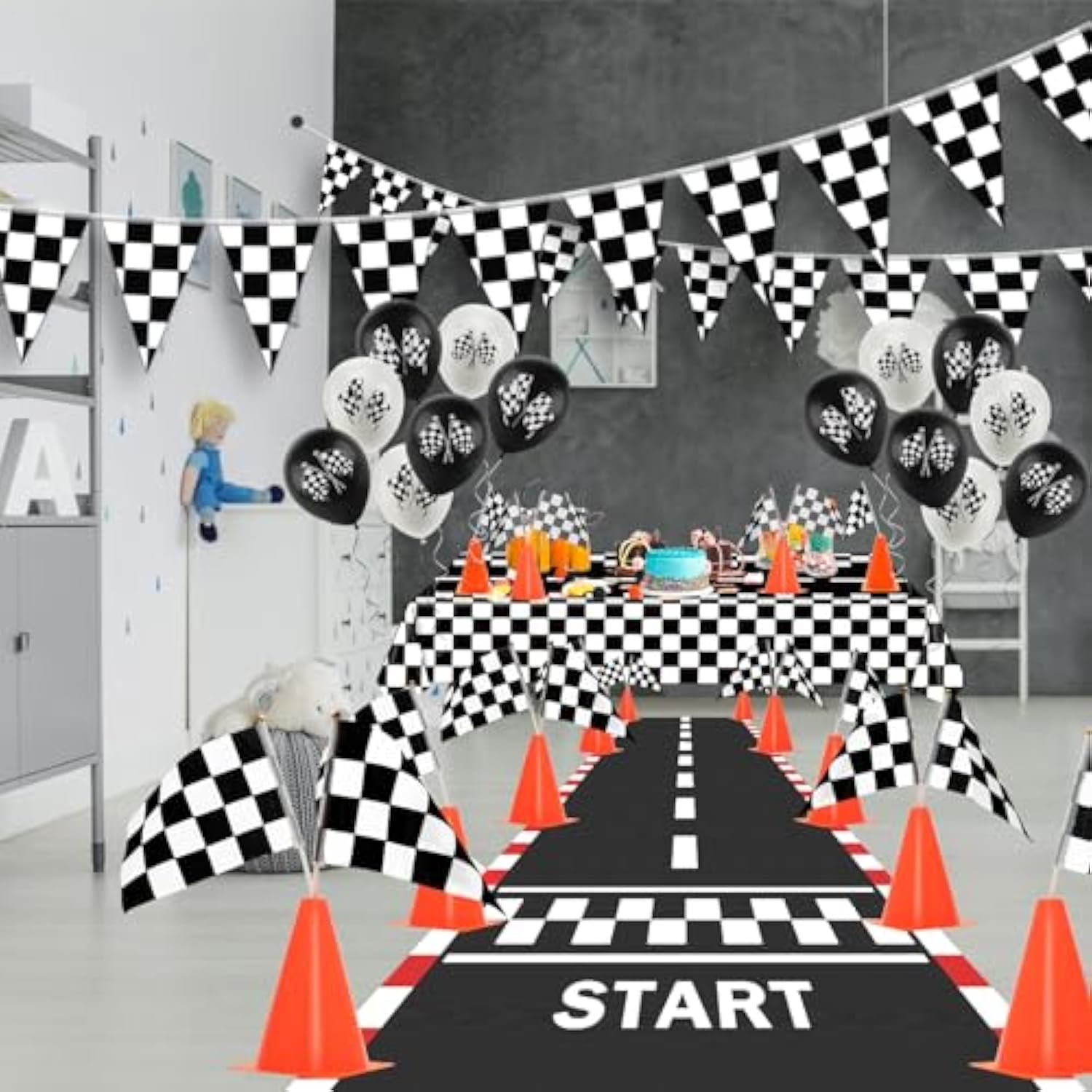 Race Car Party Decorations, 61 Pcs Set-12 Traffic Cones And 24 Racing Checkered Flags, 6.5Ft Racetrack Floor Runner And 9.8Ft Checkered Race Track Banner, Tablecloth, Balloons And Ribbons