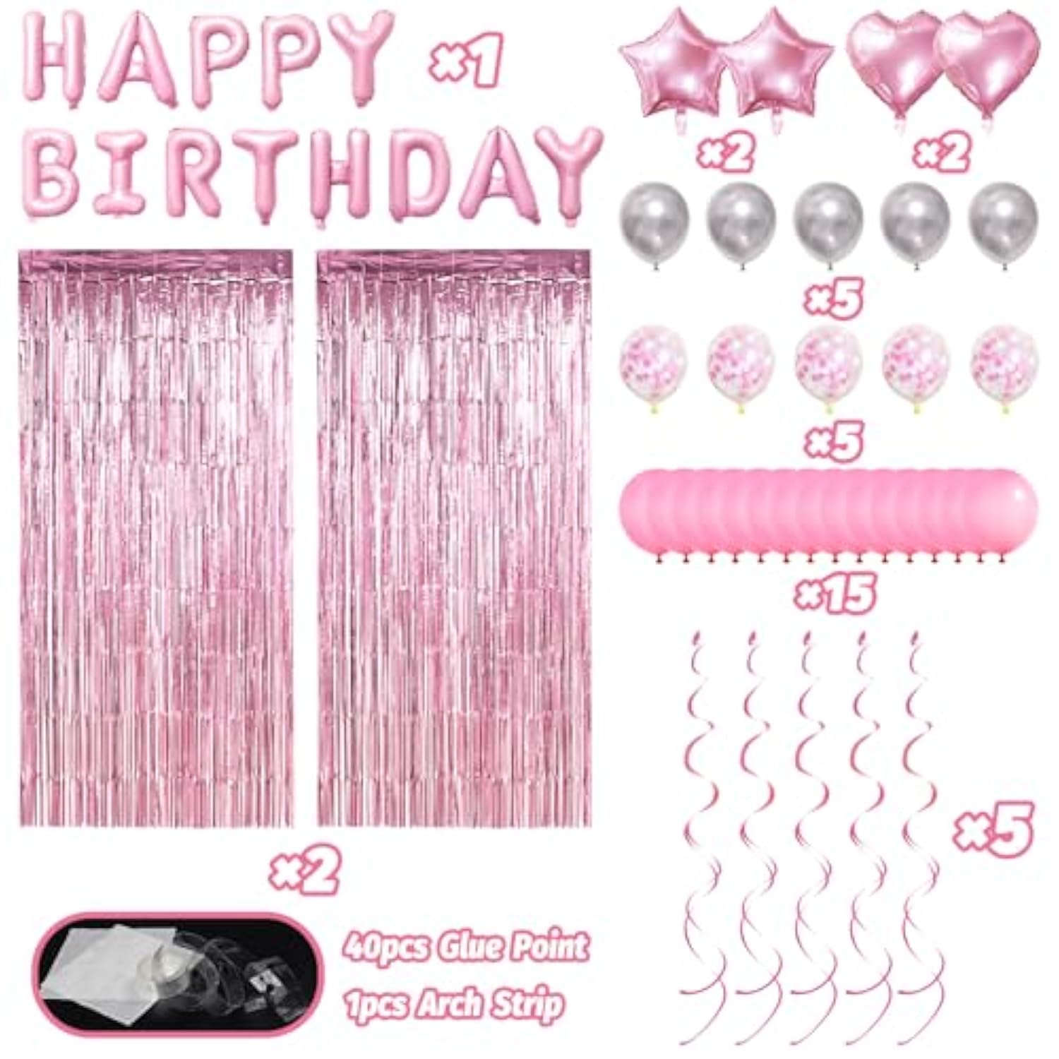 37pcs Pink Birthday Set - Banner, Balloons, Swirls & Decor for Girls Party
