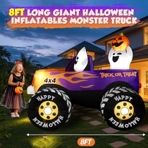 8FT Long Halloween Inflatables Decoration Outdoor Monster Truck Car with Ghosts & Pumpkin, Giant Halloween Blow Up Yard Decorations Huge Blowups Built-in LED Light Strong Blower for Festival
