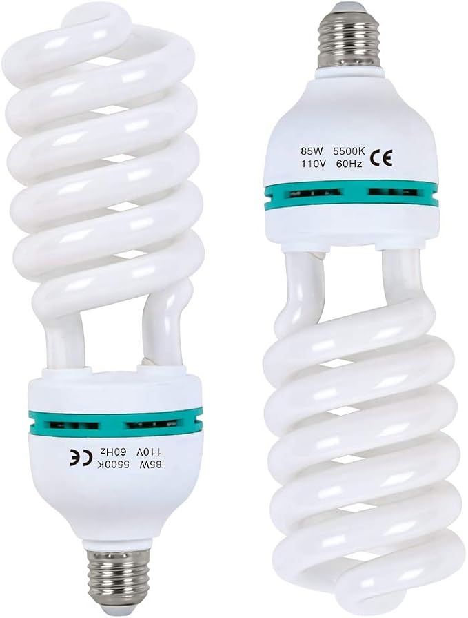 2 Pack 85W CFL Photography Light Bulbs 5500K Daylight Spiral Softbox E27 Studio Lighting