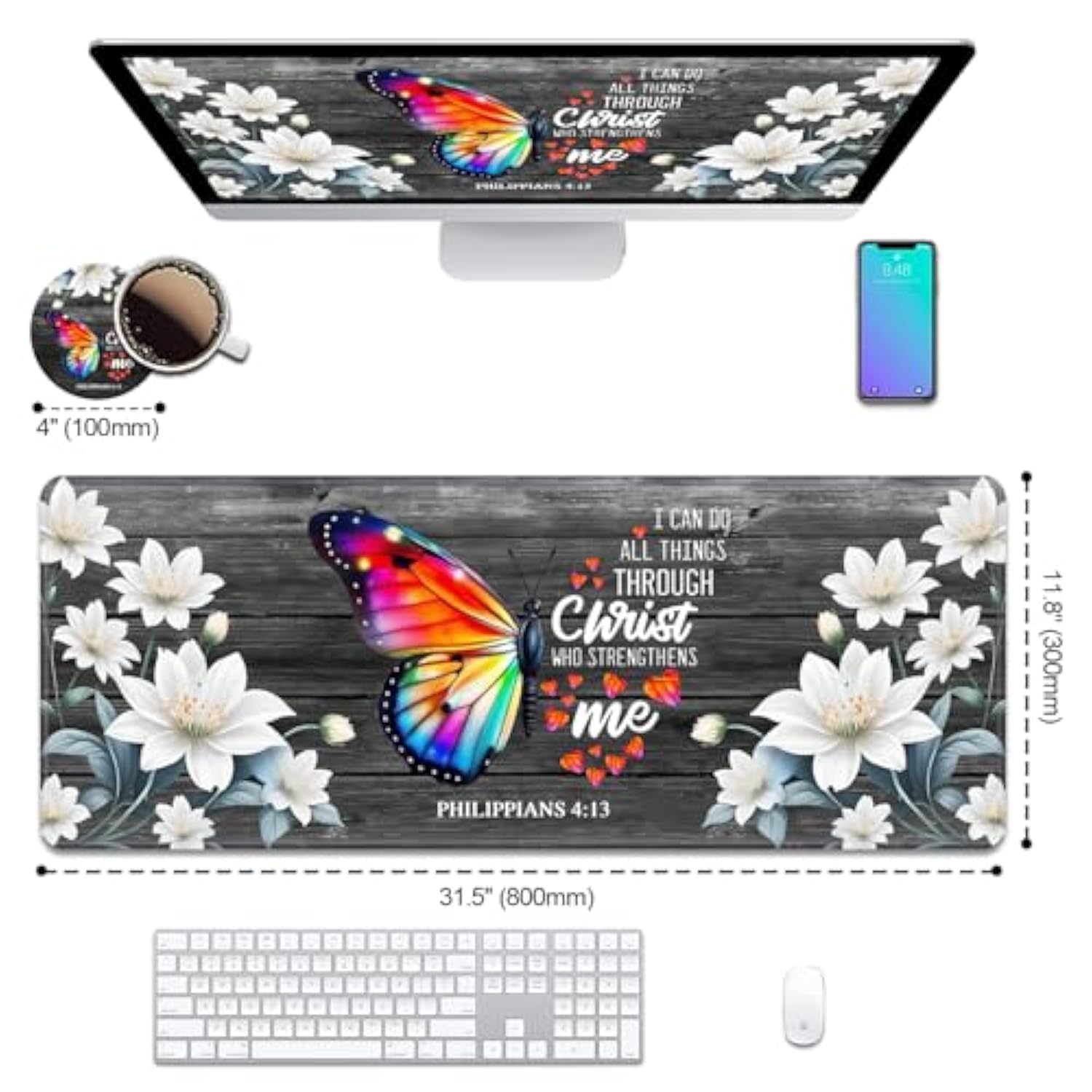 Butterfly Quote Bible Verse Philippians 4:13 Desk Pad Mat Gaming Mouse Pad With Coasters, Xl Large Mousepad Desk Decor Writing Mat Stitched Edges Non Slip Rubber Base For Office Home 31.5"X 11.8"