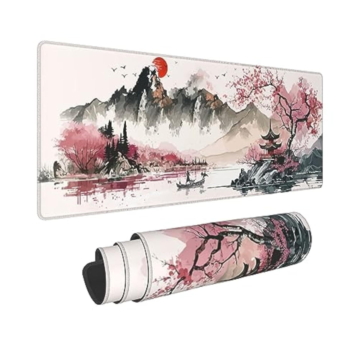 Watercolor Cherry Blossom Large Mouse Pad For Desk 31.5X11.8 Inch Japanese Sakura Gaming Mouse Pad With Non-Slip Base Big Waterproof Mousepad Xl Mouse Pads With Stitched Edges For Gaming And Office