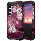 For Galaxy S23 Case, Shockproof Heavy Duty Protection Soft Silicone Rubber Bumper+Hard Plastic Hybrid Protective Case For Samsung Galaxy S23 (6.1" Display) 2023 - Royal Purple Flowers