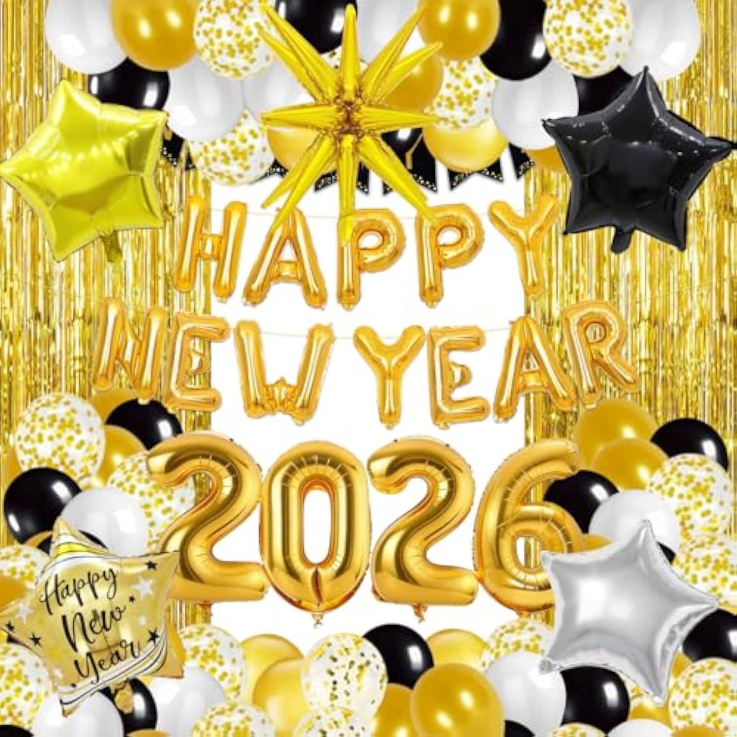 2026 New Year’s Eve Party Supplies Gold Black Balloons Banner Foil Curtains