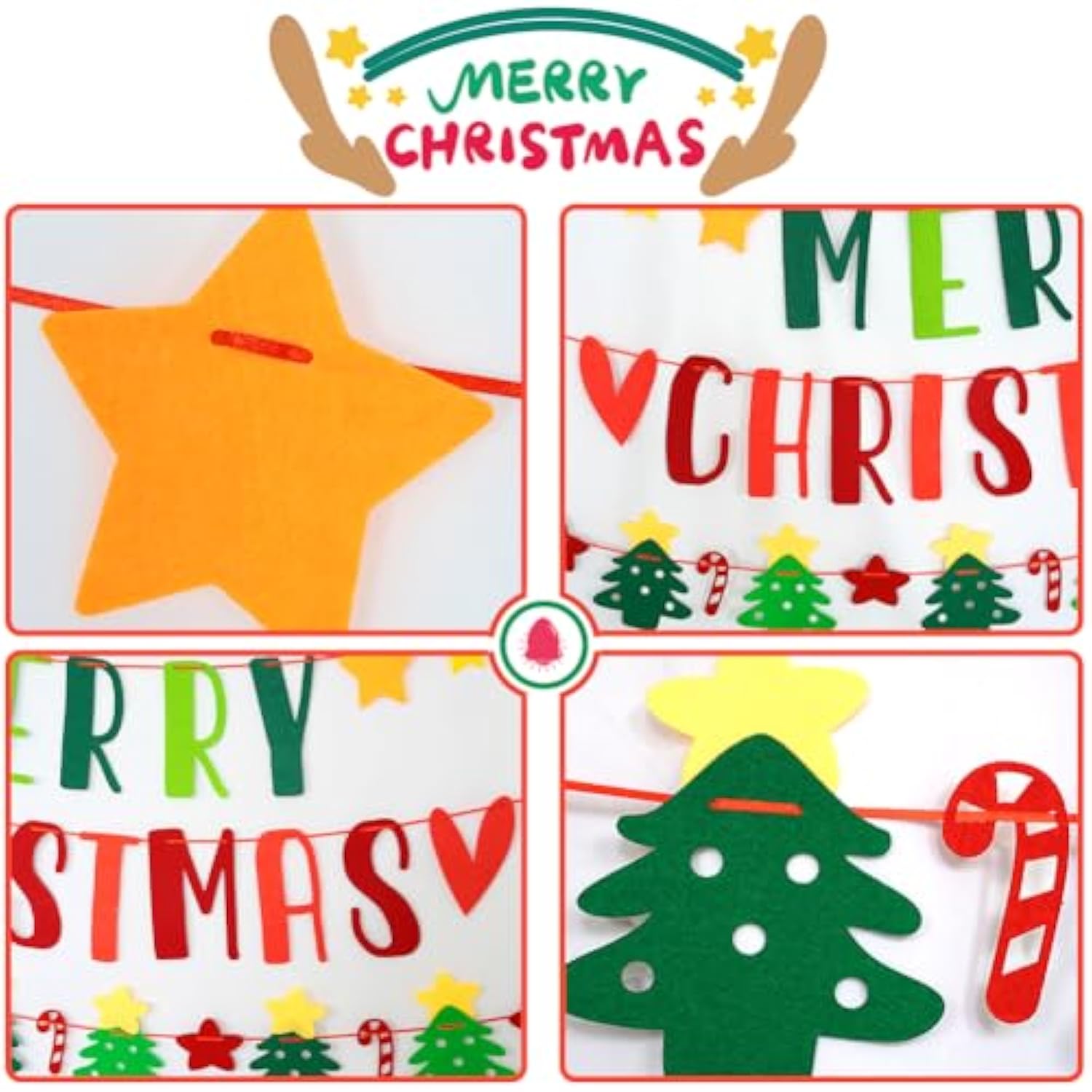 Merry Christmas Felt Banner, Christmas Tree, Candy Cane, Star Xmas Garland, Red And Green Felt String For Holiday Christmas Party Decorations, Home Wall Fireplace Windows Indoor Outdoor Decor