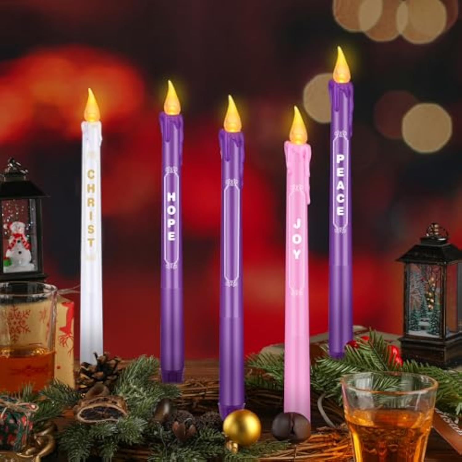 5 Pieces Led Flameless Advent Candle Set Christmas Battery Operated Candles With Words Hope Peace Joy Tall Catholic Pink White Purple Taper Candles For Church Advent Wreath Rituals