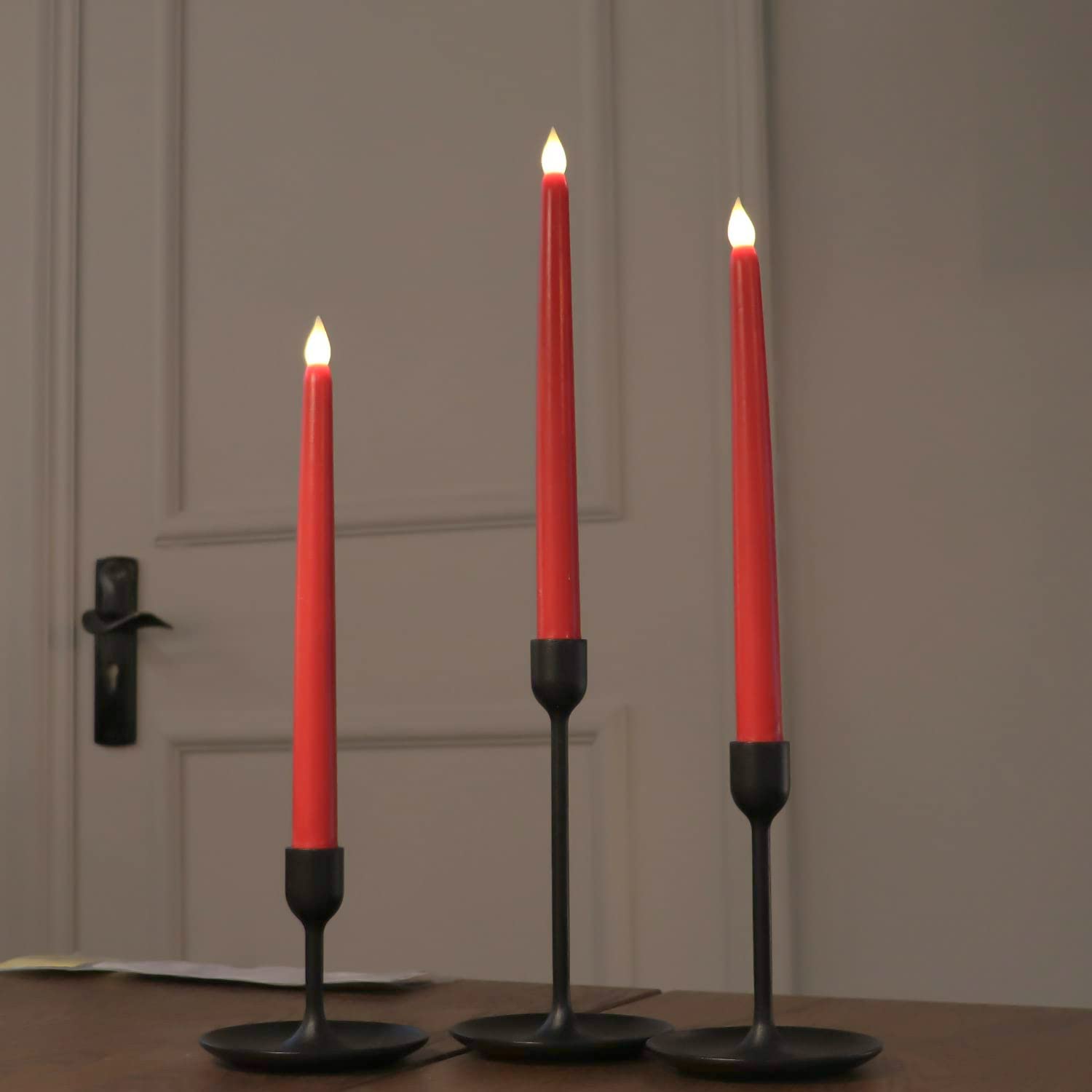 Red 10.8" Flameless Taper Candles With Timer, Battery Operated Candles With Remote, Smooth Wax Finish, Warm White Led, 8 Batteries Included - Set Of 4