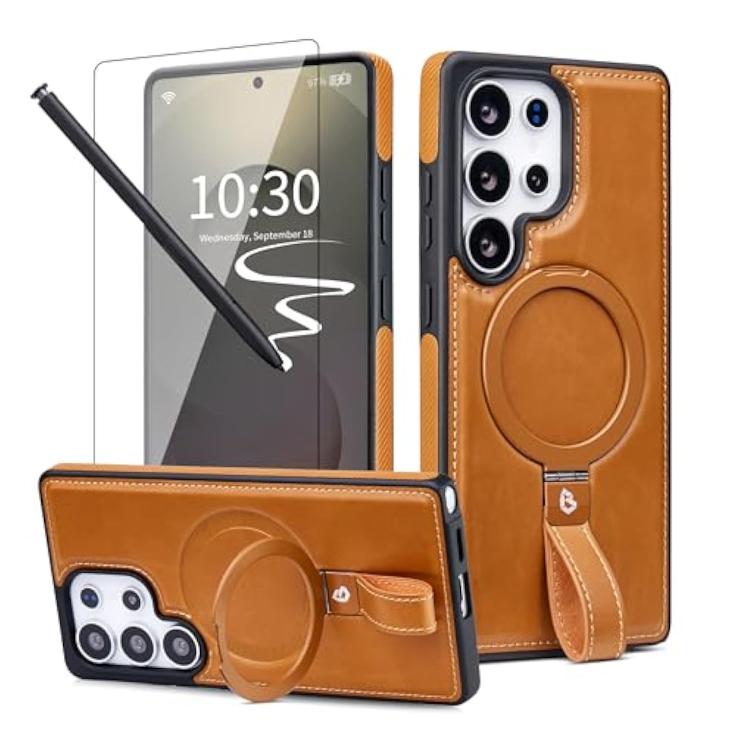Brown Galaxy S25 Ultra case with stand, MagSafe, shockproof loop & protectors.