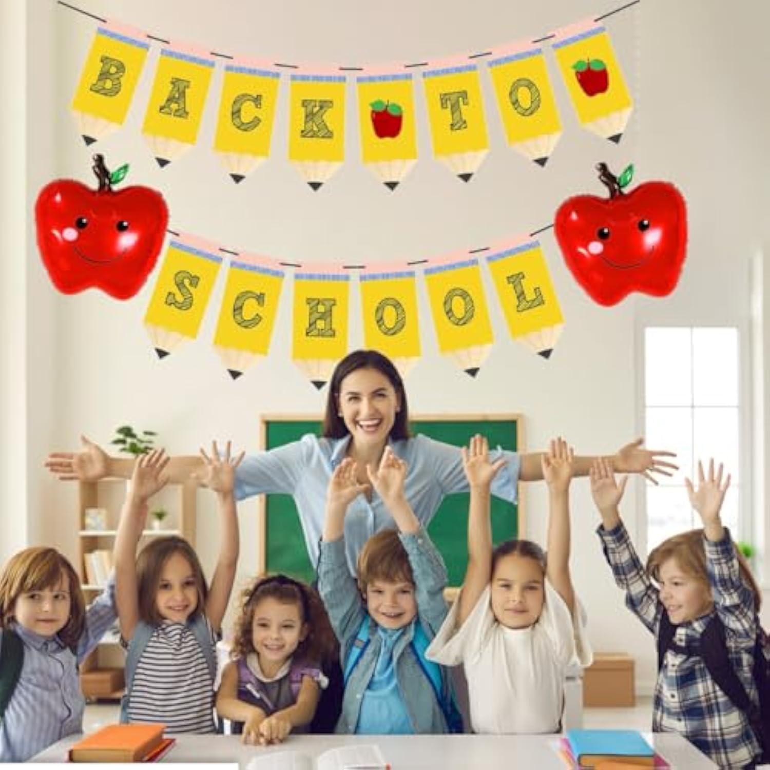 Pencil Back To School Banner Red Apples & Balloons for Classroom Decor/Party