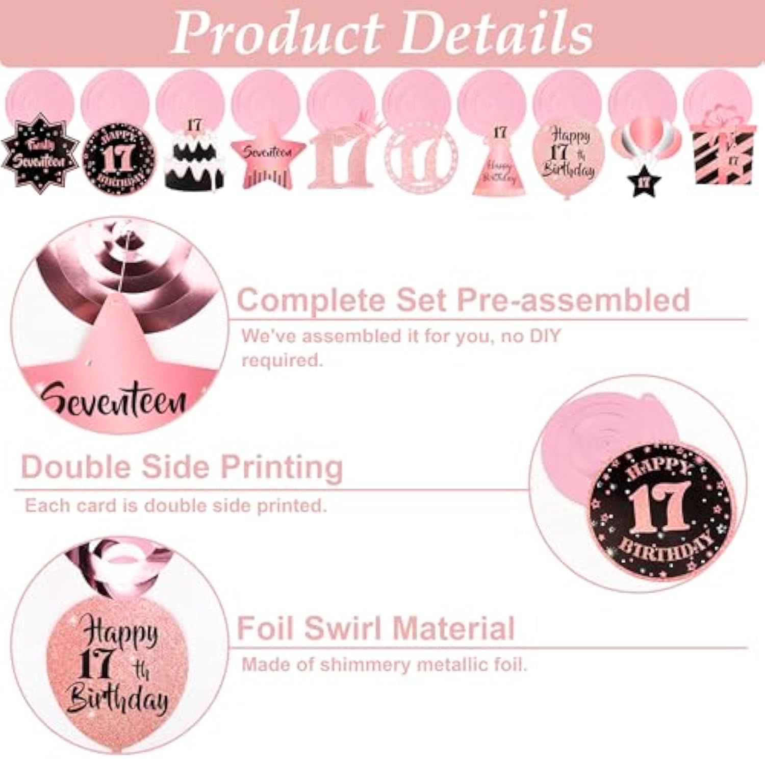 17Th Birthday Decorations For Girls Rose Gold Pink Pre Assembled Happy Birthday Banner And Hanging Swirls 17 Years Old Party Decorations Supplies 17Th Birthday Gifts For Girls
