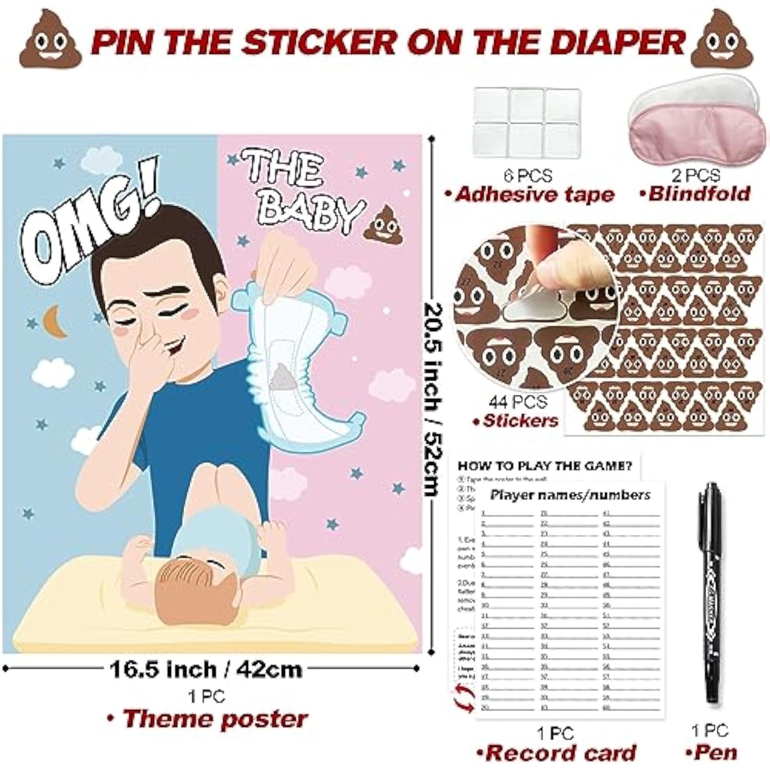 Pin The Sticker On The Diaper, Baby Shower Games, Funny Baby Shower Games Activities Diaper Theme Party Games Supplies Favors For Adults Girl Boy 44 Guests