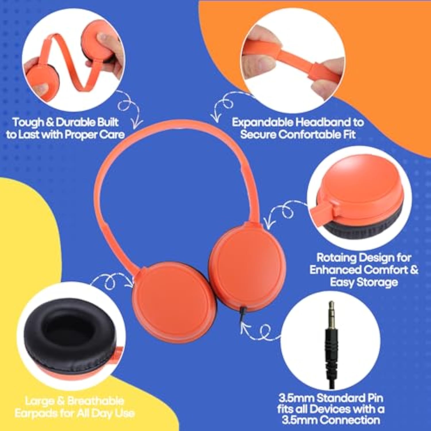 Classroom Headphones Bulk 10 Pack Mutli Colors For Kids Schools, Class Sets Headsets For Students (Durable,Leather Earcup, Noise Reducing, Comfortable, Easy-To-Clean)