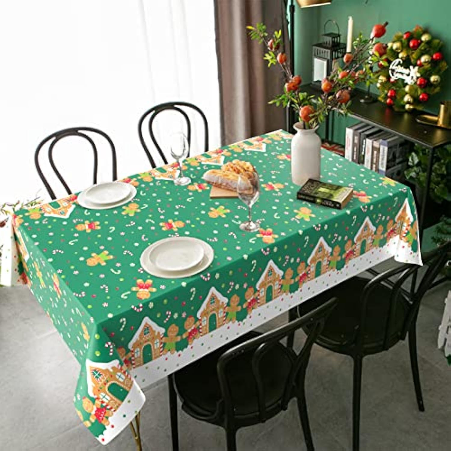 Christmas Tablecloths, Green Gingerbread Man Table Cover Rectangle Plastic Xmas Table Cloth For Merry Christmas Xmas Holiday Party Decorations Supplies (54 X 90 Inch, 2 Pcs)