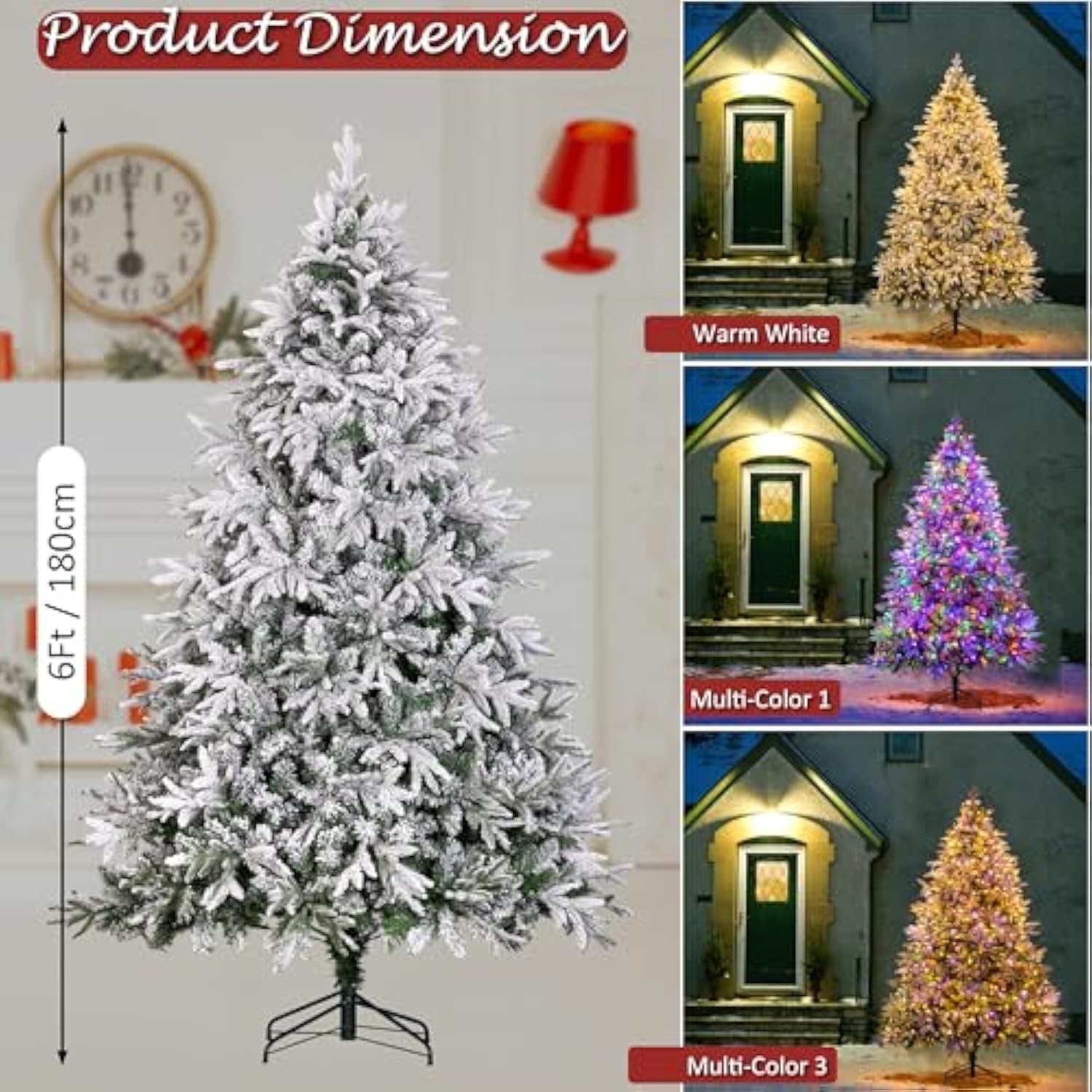 6Ft Artificial Snow Flocked Christmas Tree With 400 Led Lights (Not Pre-Lit), Xmas Tree Full Tree With 800 Branch Tips & 11 Modes Light, Rgb & Warm White Light, Foldable Stand For Home