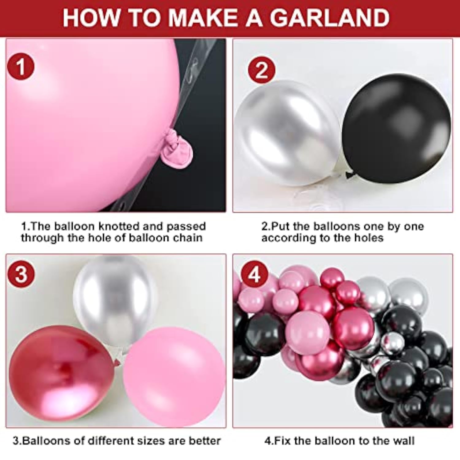 Pink Black Balloon Arch Kit, Pink Black Silver Balloon Garland Kit, Pi