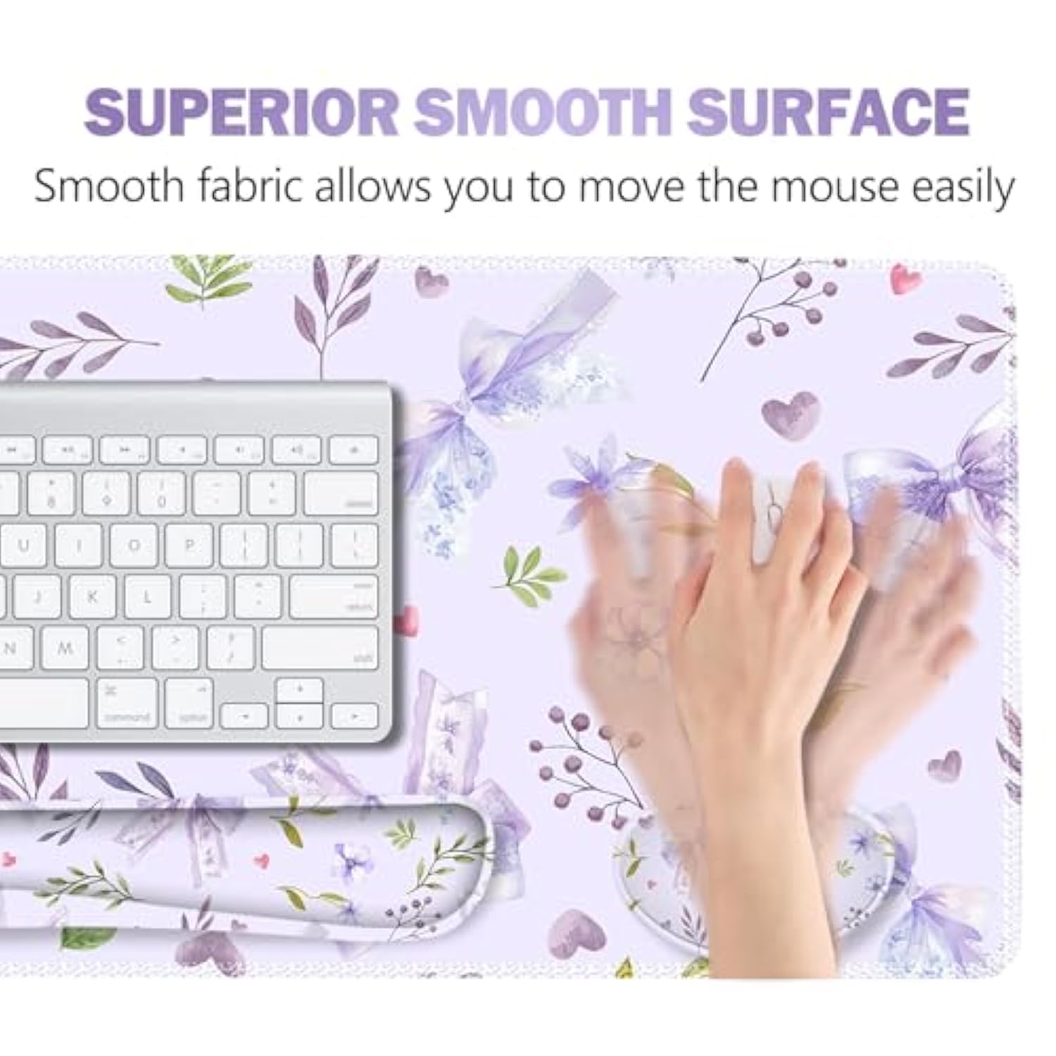 Desk Mat With Wrist Rest, Light Purple Bows Flower Desk Pad Large For Keyboard And Mouse, Ergonomic Mouse Pad Sets For Women, Non-Slip Wrist Pad For Keyboard