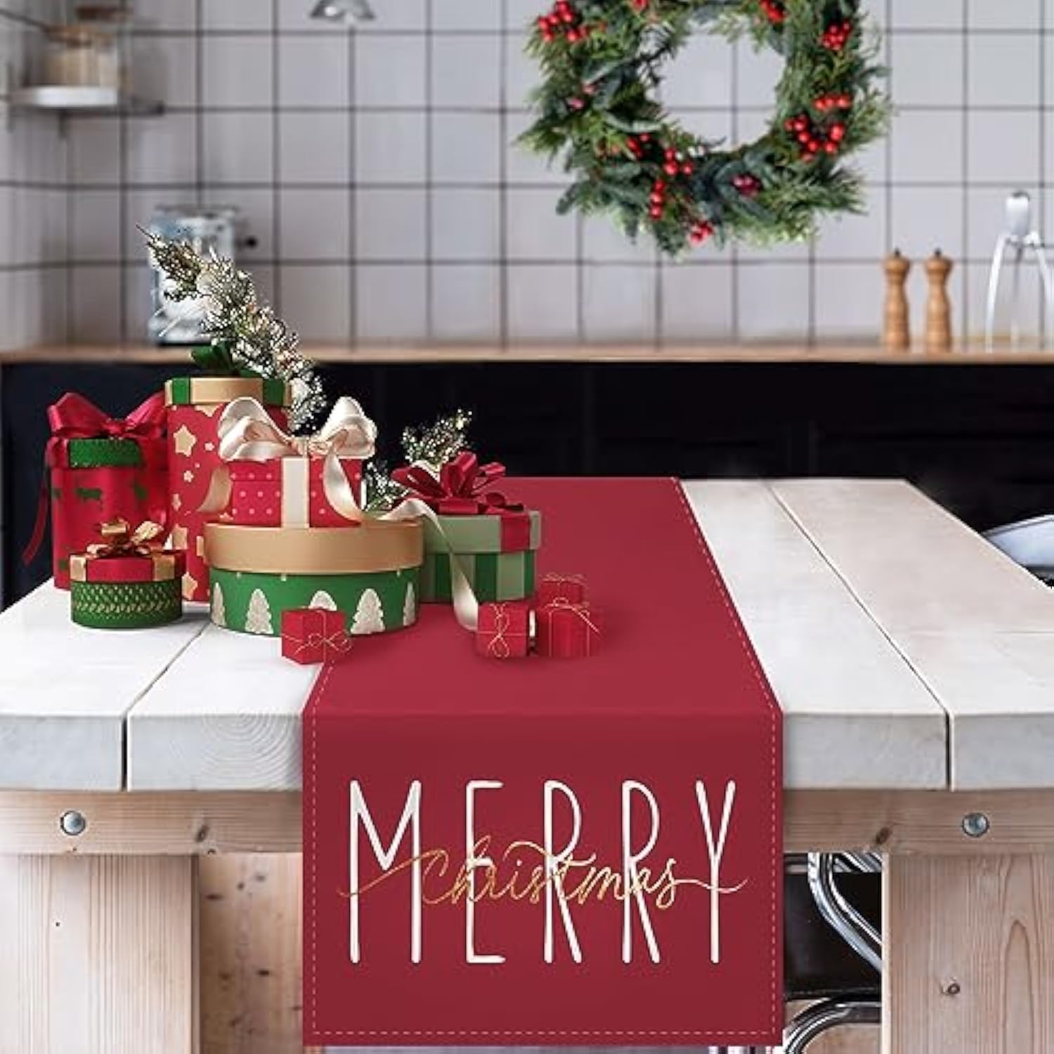 Merry Christmas Gold Table Runner Winter Xmas Holiday Kitchen Dining Farmhouse Table Decor For Indoor Outdoor Home Party Decorations 13X72 Inch Red