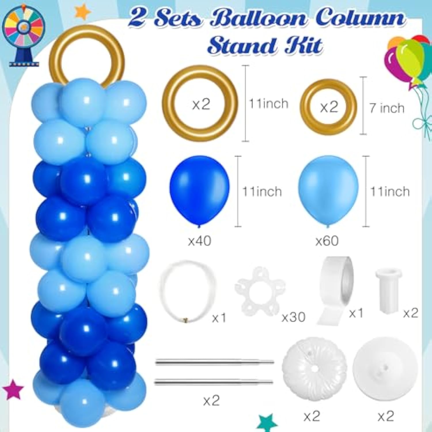 2 Sets Cartoon Hedgehog Theme Balloon Column Stand Kit 100 Pcs Adjustable Blue Balloon Tower Pillar With 4 Pcs Gold Circle For Carnival Circus Theme Birthday Party Decorations