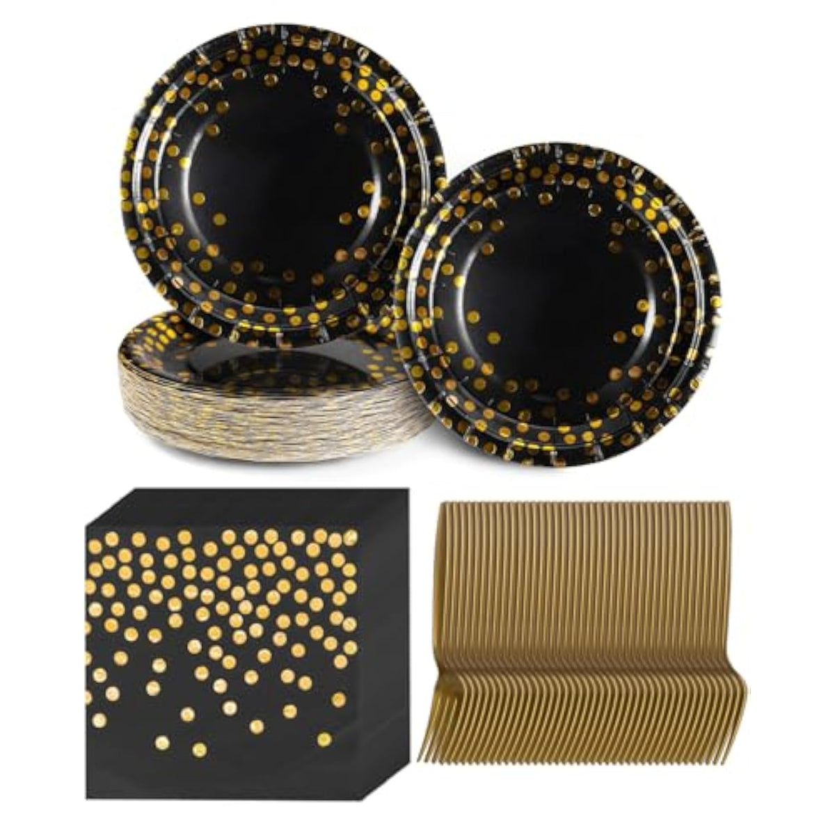 Party Supplies, Serves 50, White And Gold Dots Party Plates And Napkins With Plastic Forks, 7 White Paper Plates, Disposable Tableware For Wedding, Birthday, Graduation, Festivals