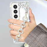 For Galaxy Z Fold 7 Case Cute For Women Girls Luxury 3D Handmade Sparkle Rhinestone Pearl Strap Chain Bracelet Flowers Crystal Diamond Bling Glitter Slim Hard Pc Shockproof Cover, Crystal