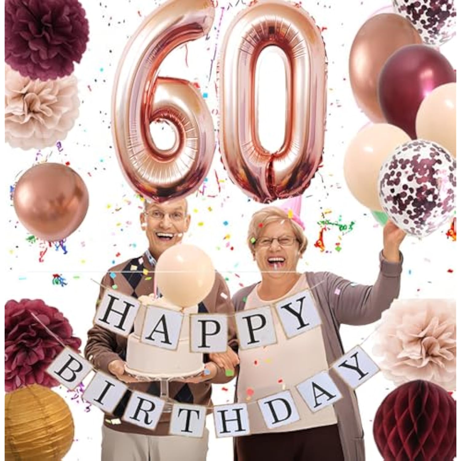 60th Birthday Decorations for Women – Rose Gold, Burgundy & Champagne Party Decor Set