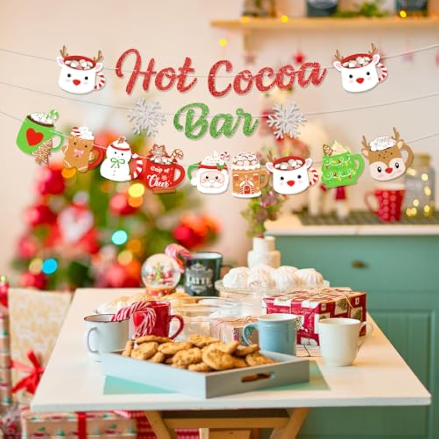 Christmas Hot Cocoa Bar Banner with Glitter Winter Snowman Decorations