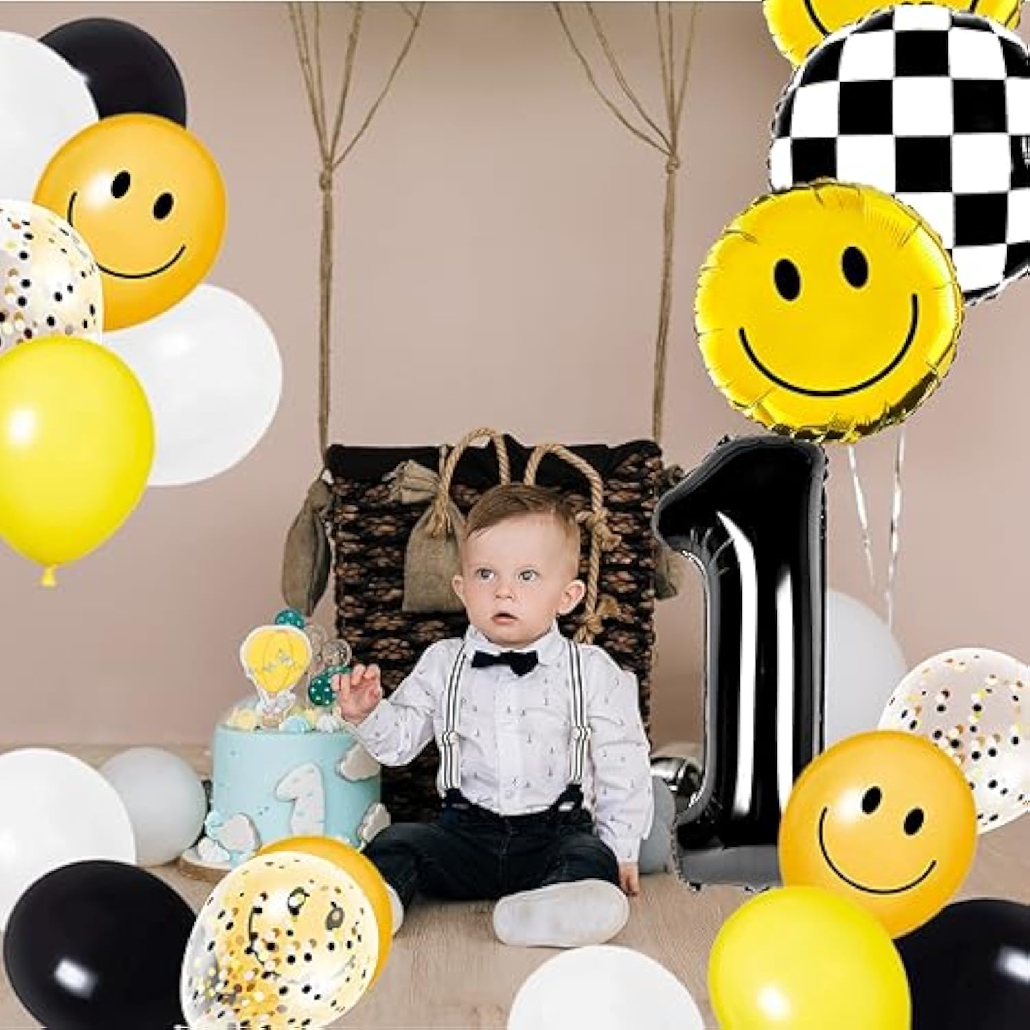 29Pcs One Happy Dude First Birthday Party Decorations Yellow White Black Balloons Checkered Number 1 Balloon For Smile Face First Birthday Decoration Supplies