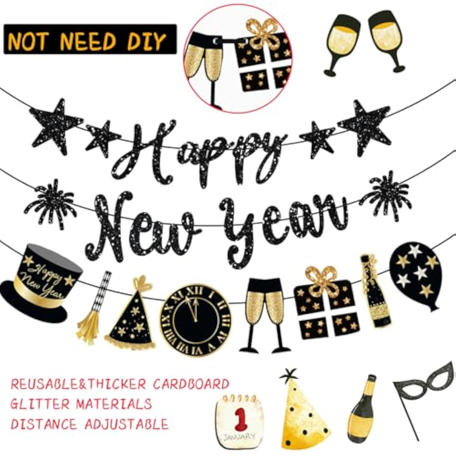 Happy New Year Banner 2026 Black Glitter Pre-Strung Party Garland Decorations