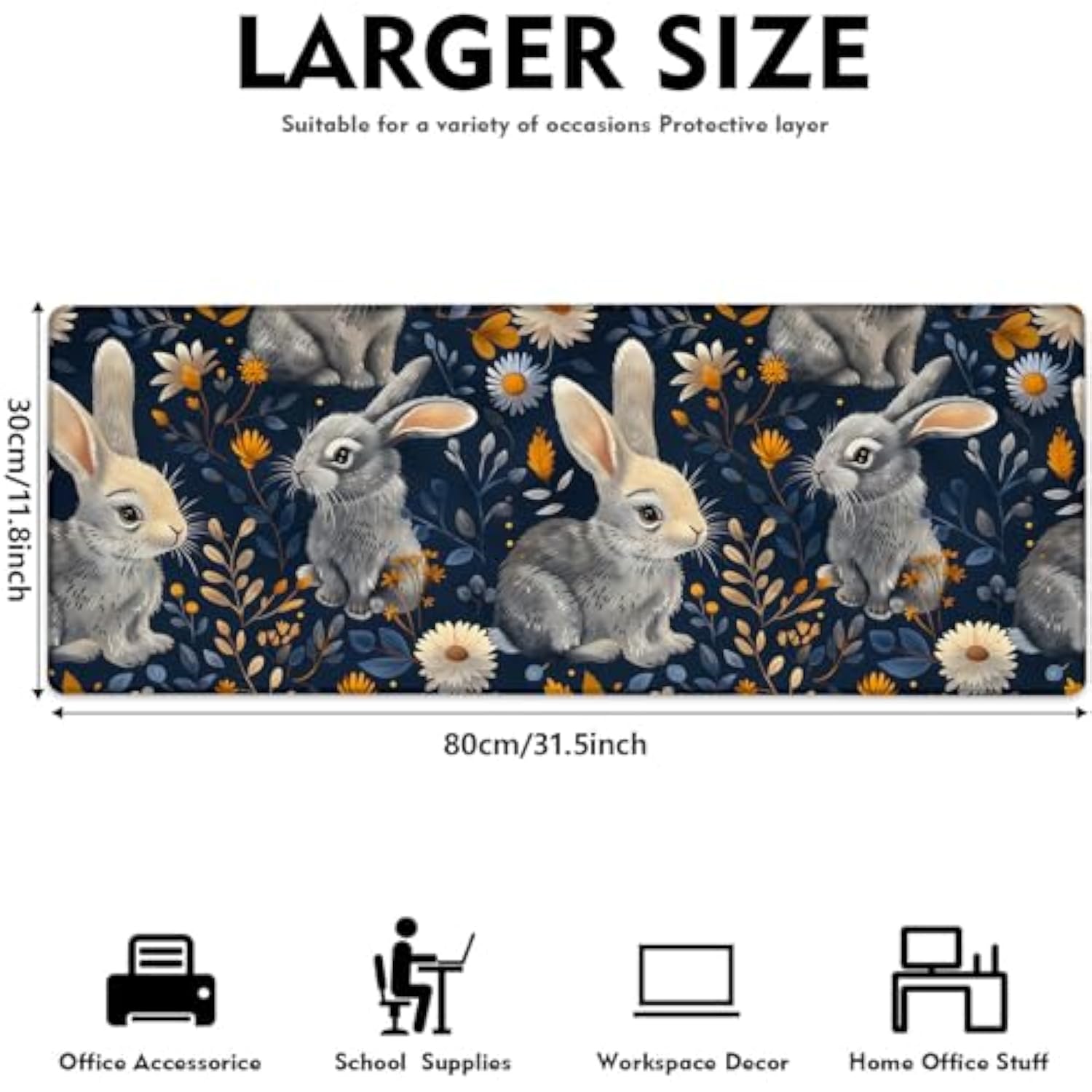 Charming Rabbit Gaming Mouse Pad, Large Cute Bunny & Floral Desk Mat For Keyboard Laptop Computer, Non-Slip Rubber Base Desktop Extended Mousepad For Office Home Accessories 31.5"×11.8"