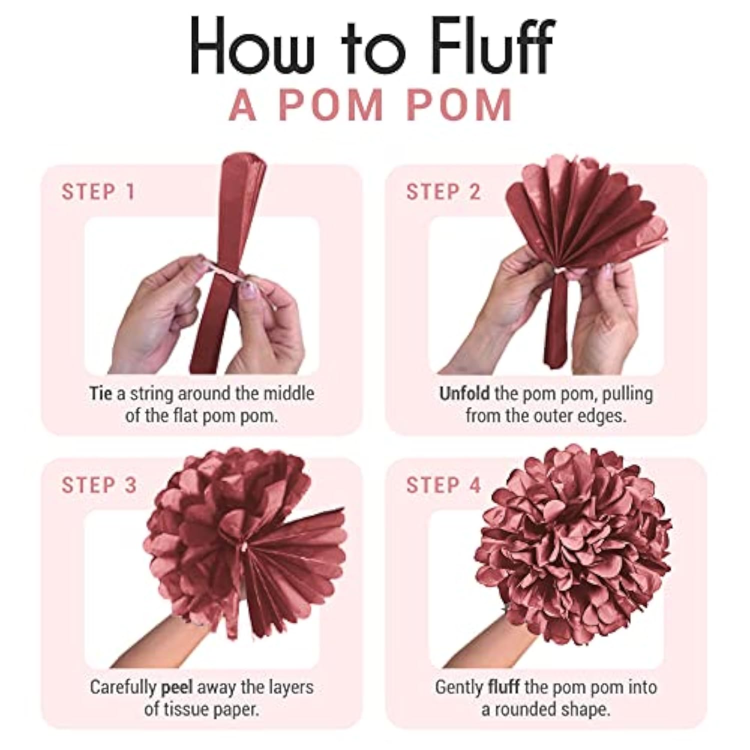 20pcs Tissue Paper Pom Poms in Blush, Rose, Mauve & Cream for Party Decor