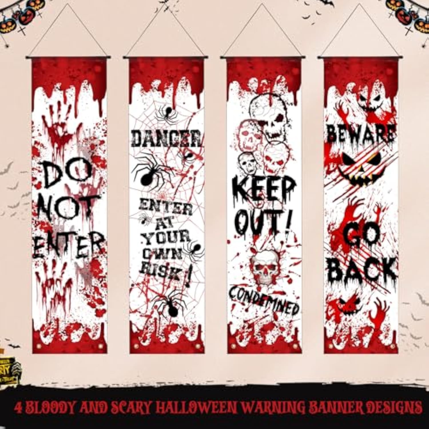 4 Pcs Halloween Banners Red Warning Hanging Porch Door Horror Decor for Parties