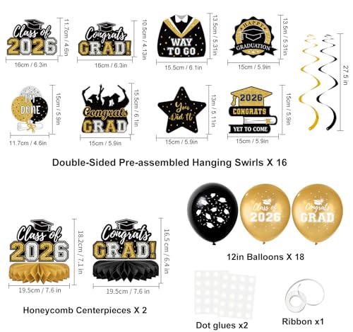 59Pcs Graduation Decorations 2026 Backdrop Balloons Banner Centerpiece Hanging Swirls Grad Class of 2026 Decorations for kindergarten K-12th College Any Grade Black Gold Themed