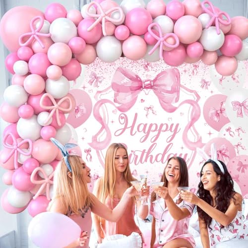 Pink Bow Birthday Backdrop for Girls 7x5FT Pink Balloon Bowknot Photography Background Cute Coquette Bachelorette Happy Birthday Banner Decorations Supplies Photo Props