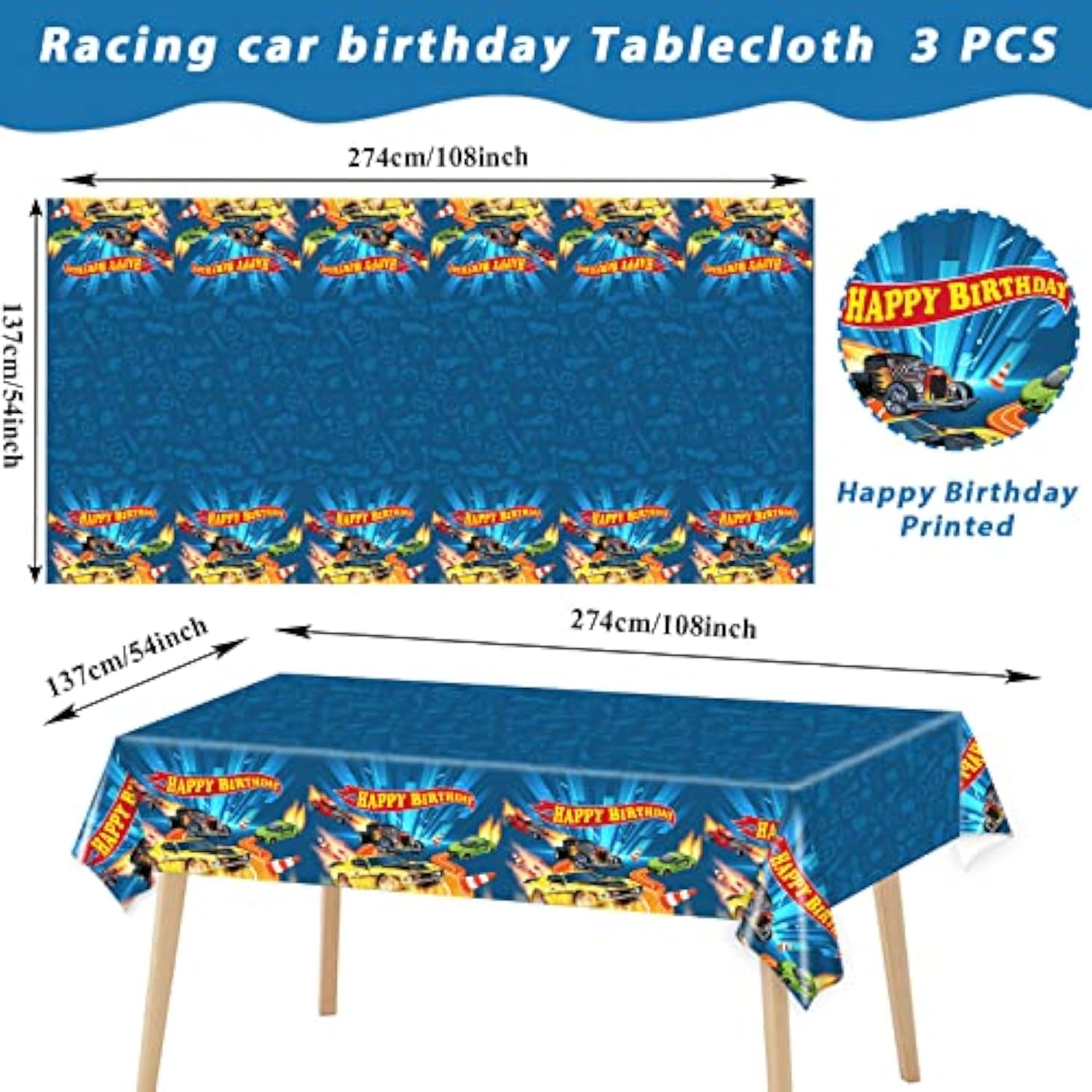 3Pieces Hot Car Themed Plastic Tablecloth Hot Race Car Birthday Party Plastic Table Covers For Kids Boys Racing Car Birthday Baby Shower Party Decorations Supplies 54X108Inch