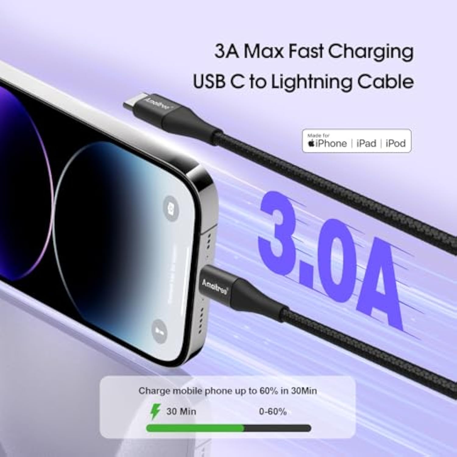 Usb C To Lightning Cable 4Ft, [Apple Mfi Certified] 2-Pack 3A Fast Charging Type-C To Lightning Woven Cable, Car Play Charging Braided Cable For Iphone 14/13/12/11/Xs/Xr/8 Series - Black