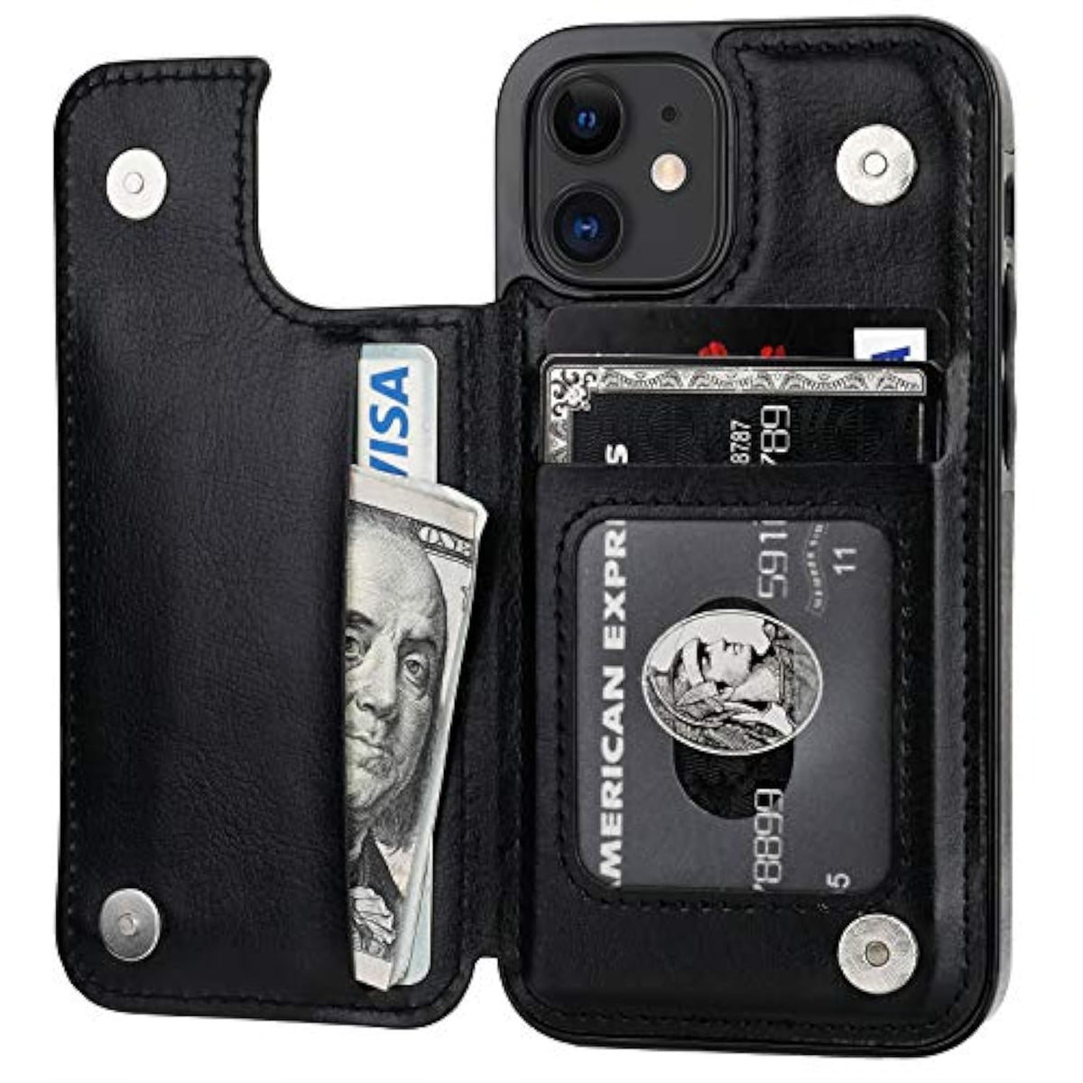 Onetop Compatible With Iphone 12 Mini Wallet Case With Card Holder, Pu Leather Kickstand Card Slots Case, Double Magnetic Clasp And Durable Shockproof Cover 5.4 Inch(Black)