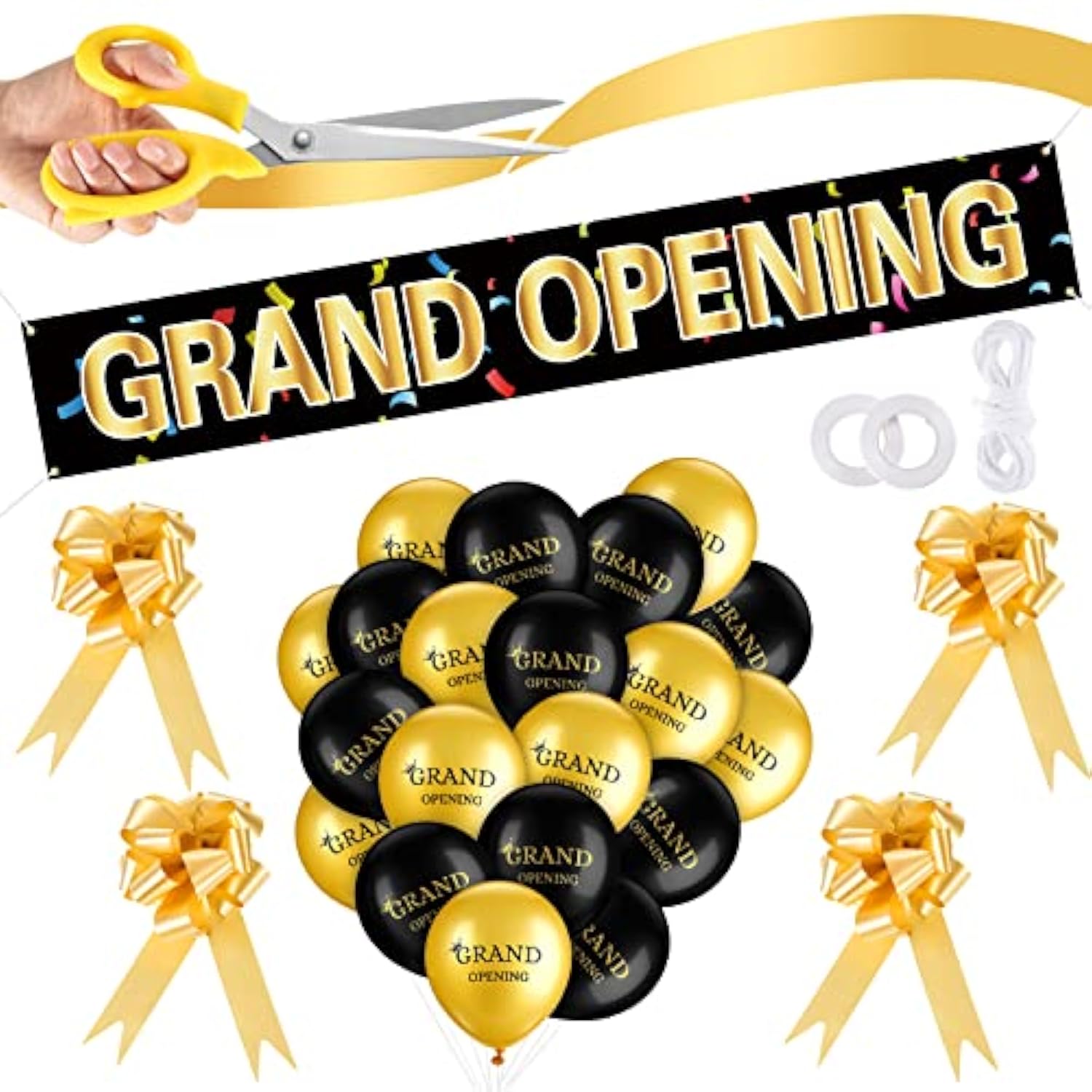Grand Opening Ribbon Cutting Ceremony Kit Grand Opening Banner Decorations With 10'' Scissors 40 Pcs Balloons Satin Ribbon Bows And More Supplies For Business Events(Black Gold)