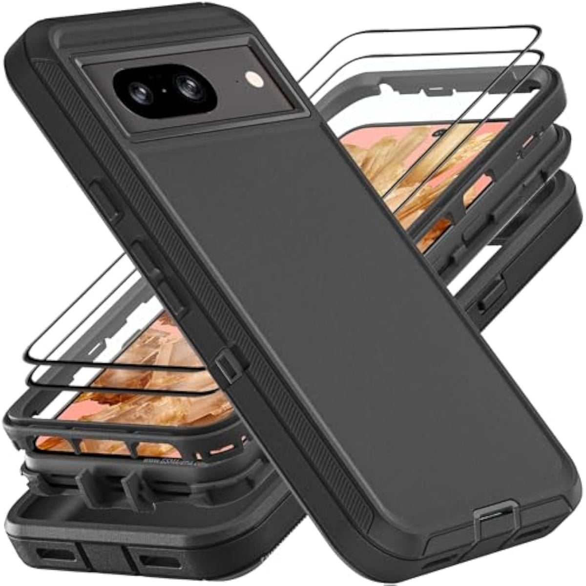 For Google Pixel 8 Case, Military Grade 3 In 1 Heavy Duty Shockproof/Drop Proof/Dust Proof Case With 2Pcs Tempered Glass Screen Protector (Black/Black)