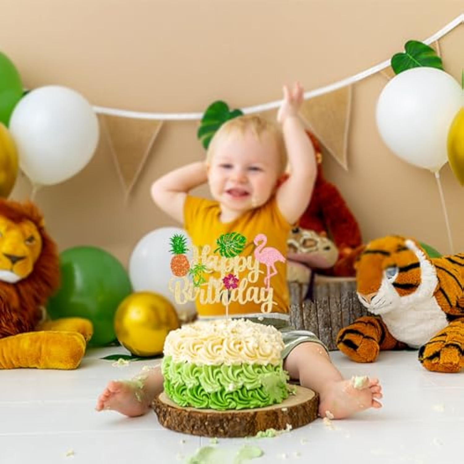 1Pc Tropical Luau Happy Birthday Cake Topper Glitter Palm Tree Flamingo Pineapple Aloha Cake Pick Decorations For Hawaiian Luau Theme Birthday Party Supplies