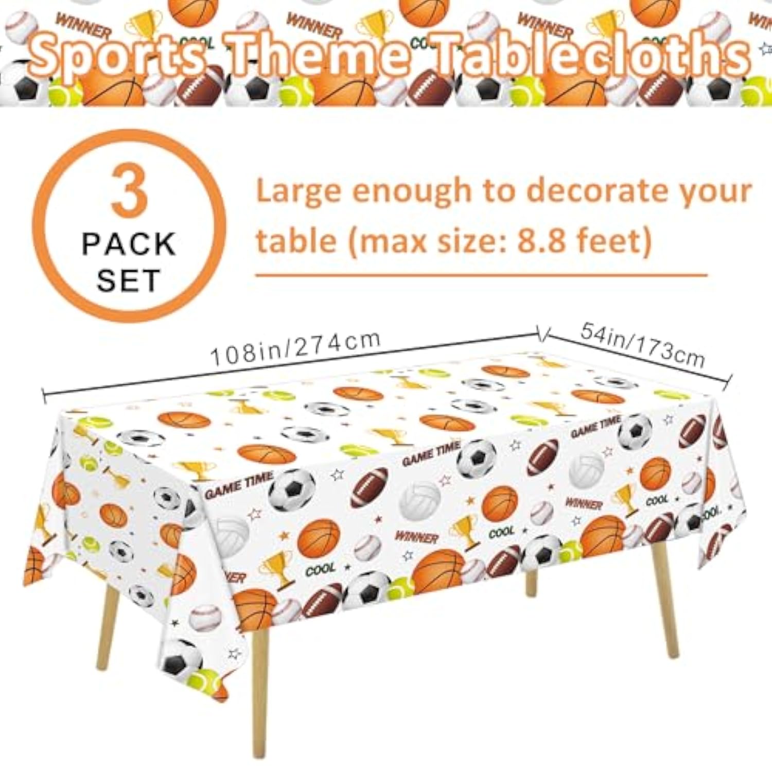3 Pack Sports Birthday Party Decorations Sports Table Cloth Soccer Basketball Baseball Football Tablecloths For All Star Sports Themed Party Decorations, 54 X 108 Inch