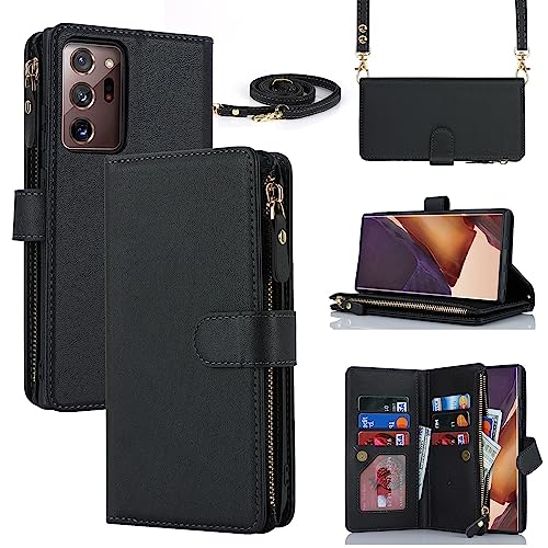 for  Galaxy Note 20 Ultra Wallet Case with Card Holder for Women, Crossbody Lanyard Strap Kickstand PU Leather Case with Zipper Pocket Credit