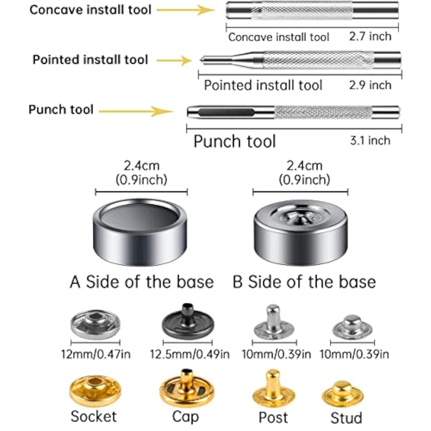 132 Sets Leather Snap Fasteners Kit, 12.5 Mm Metal Snaps Buttons Press